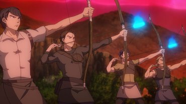 集結した冒険者たちが魔法の火をまとった矢を放ち……