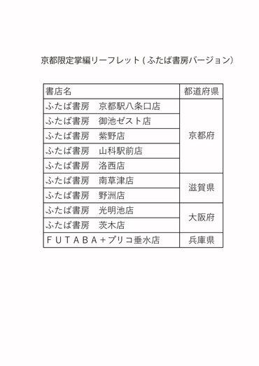 書店リスト：京都限定掌編リーフレット（ふたば書房バージョン）