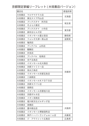 書店リスト：京都限定掌編リーフレット（大垣書店バージョン）
